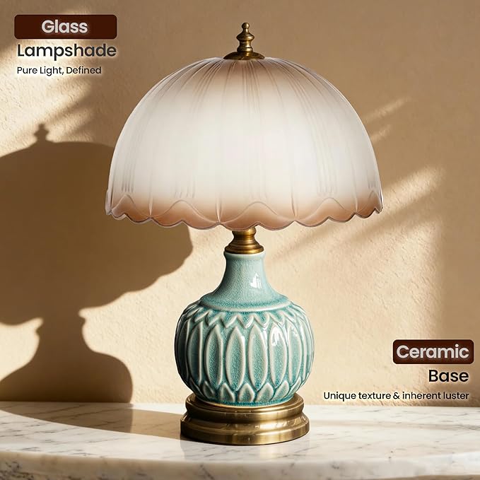 Mid-Century Modern Table Lamp, Green Bamboo Ceramic Base with Scalloped Gradient Glass Shade, 3-Color Dimmable LED Bedside Lamp for Bedroom & Living Room, Aesthetic Home Decor, Bulb Included