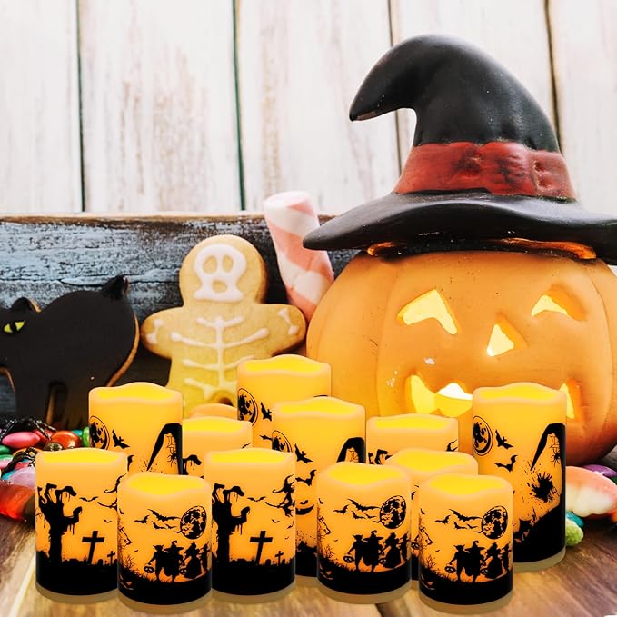12-Pack Waterproof Flameless LED Candles - Remote Control & Timer, Dimmable Flickering for Halloween Decor Indoor/Outdoor, Haunted House, Party, Graveyard