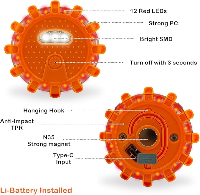 USB-C Rechargeable LED Road Flares Emergency Lights-Large Capacity (Lithium Battery) 3 in 1 Cable Roadside Warning Car Safety Beacon Flashing Disc Kit with Magnetic Base for Vehicles
