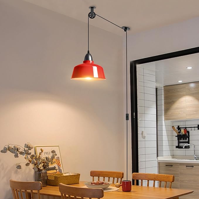 Plug in Pendant Light, Red Farmhouse Hanging Lights with Plug in Cord, Pulley Hanging Lamp, Industrial Pendant Lights Fixture for Kitchen Island, Bedroom, Dining Room, Living Room, Office