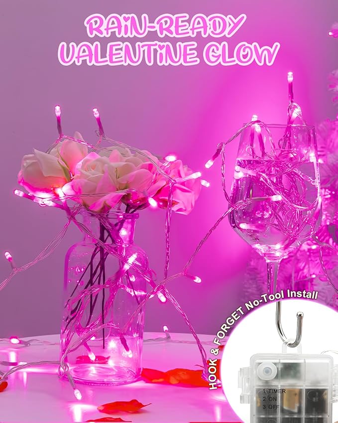Pink String Lights Battery Operated, Valentine’s Day Lights with Timer Waterproof 16.4ft 50 LED Valentines Decorations for Outdoor Indoor Patio Party Garden Yard Decor 2 Packs