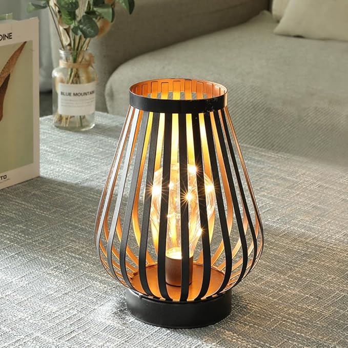 JHY DESIGN Metal Cage LED Lantern 8.7''H Battery Powered Cordless Accent Light with LED Edison Style Bulb Great for Weddings Parties Patio Events Indoors Outdoors Christmas Decorations