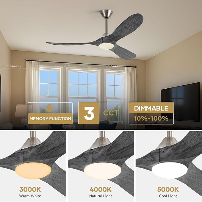 52 Inch Outdoor Ceiling Fan with Lights Remote, 3 Blades Solid Wood Modern Gray Ceiling Fan with Reversible Quiet DC Motor, Damp-rated Indoor Outside Ceiling Fans for Patios Porch Garage Gazebo