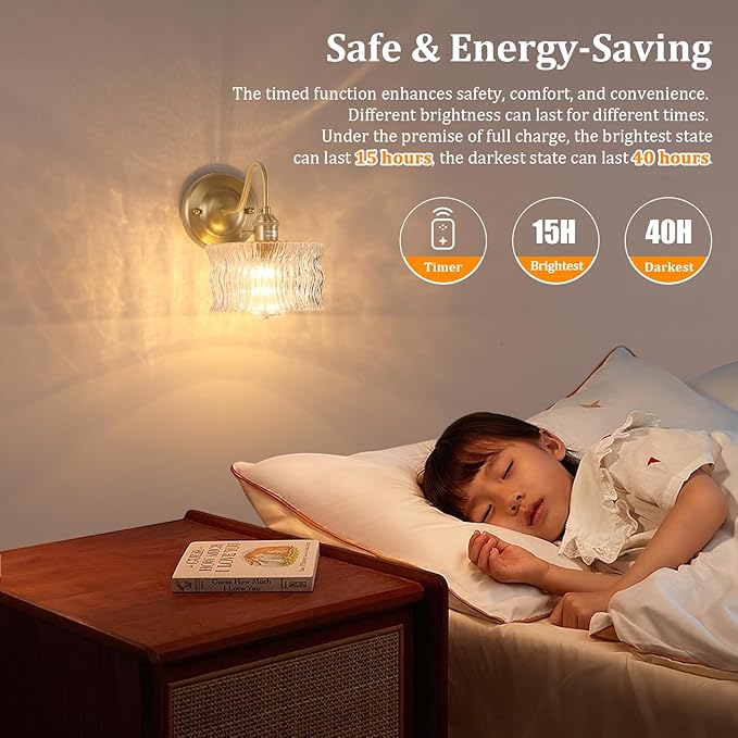 Battery Operated Wall Sconce Set of 2, Vintage Rechargeable Wall Lights with Clear Ripple Glass Shade, Wireless Indoor Wall Lamp with Remote for Bedroom Living Room Bathroom