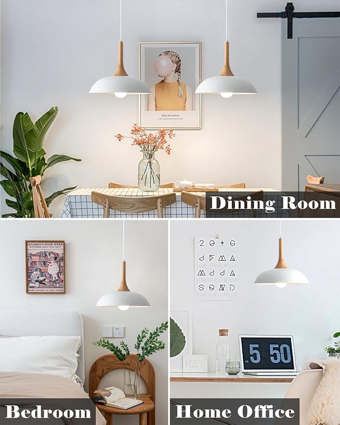 White Pendant Lights Kitchen Island, Modern Pendant Light with Wood Cap, 13.8 inch Dome Pendant Light for Kitchen, Dining Room, Living Room