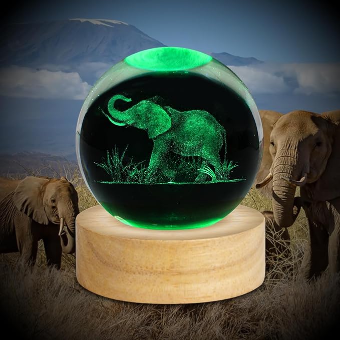 3D Elephant Engraved Crystal Ball Night Light 2.4in Figurines Decor Table Lamp With 16 Colors Change Remote Control for Birthday Christmas Gifts for Women Friends Kids Teen