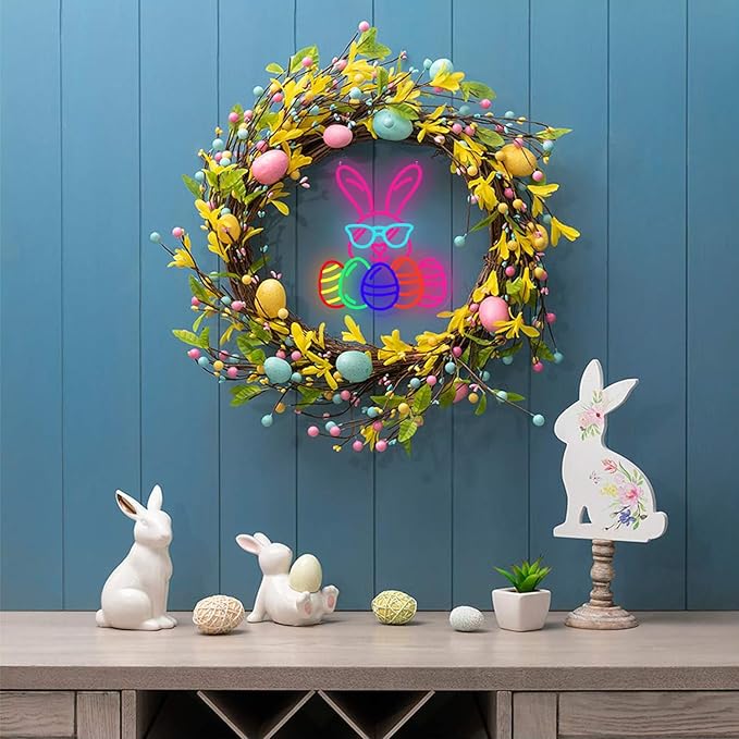 Easter Bunny Egg Neon Signs Decorations, LED Neon Lights Sign for Wall Decor, USB Dimmable Easter Gifts Bunny Wearing Glasses Party Decor for Bedroom Window Door Yard Bar Classroom Church