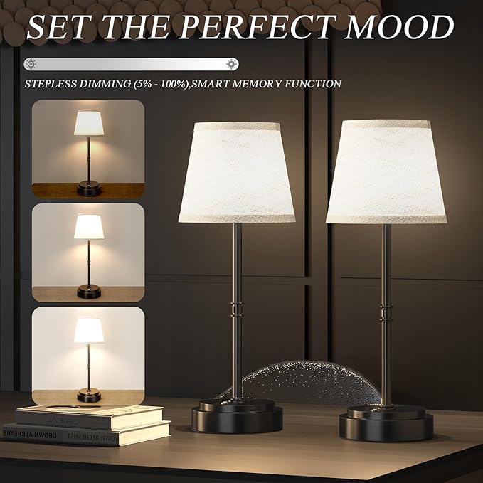 Cordless Table Lamp Rechargeable Black - 2 Pack 7500mAH Battery Operated Lamp for Decor, 3000K Stepless Dimming Touch Control Wireless Lamp for Bedroom, Dining Table, Counter, Living Room