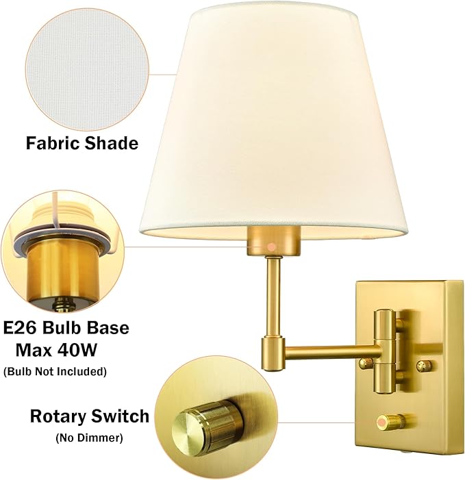 SAMTEEN Gold Plug-in Wall Sconces Set of Two Beige Shade Brass Swing Arm Wall Lamp with Plug-in Cord Wall Mount Light for Bedroom Living Room