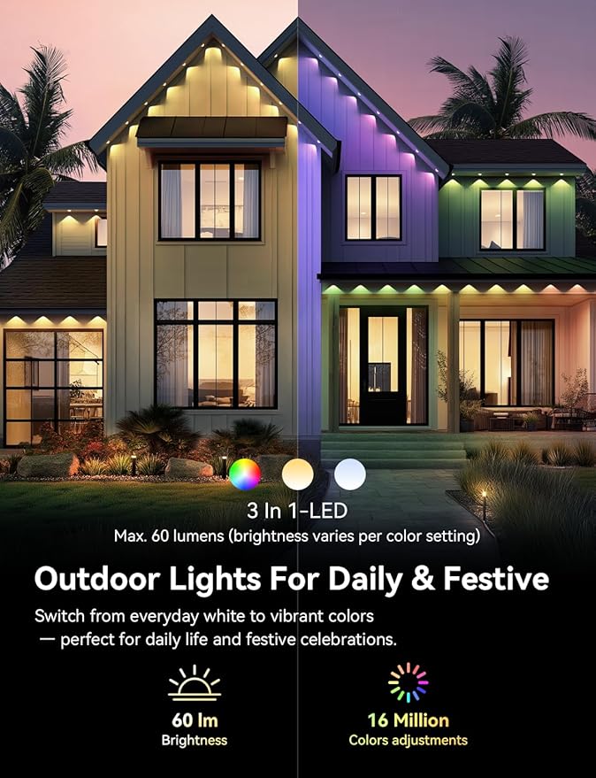 Permanent Outdoor Lights, RGB+IC Smart Outdoor Halloween Lights for House, 400ft with 200 LED, IP67 Waterproof LED Light for Halloween Christmas Decorations, Work with Remote, APP