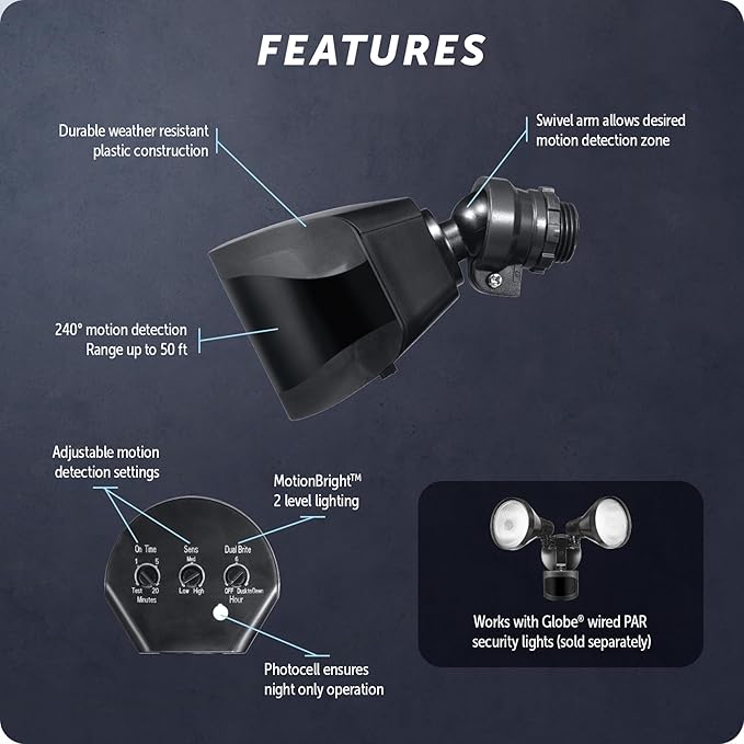 Globe Electric 240° Motion Sensor Replacement, MotionBright 2-Level Lighting, Adjustable SENS Dial, Manual Mode, Black Finish, Outdoor Security Light, 17000184