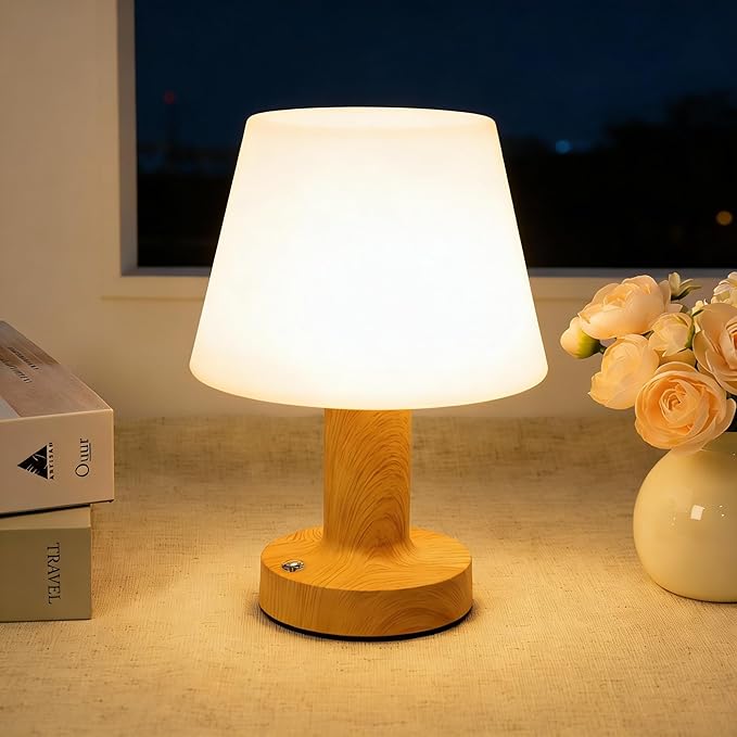 Small Mushroom Table Lamp, Cordless Night Light with 2600mAh Rechargeable Battery, Stepless Dimming Desk Lamp with 3 Colors for Bedroom/Patio/Living Room (Wooden-2)
