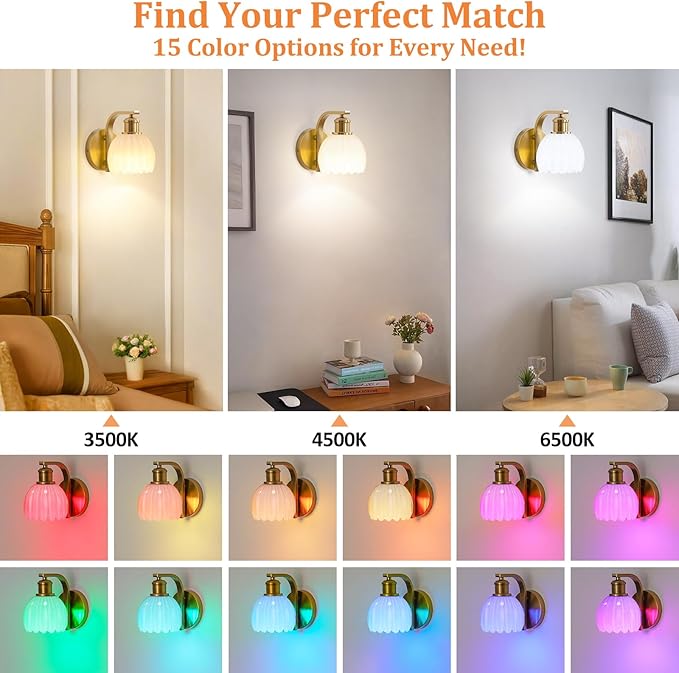 Rechargeable Battery Operated Wall Sconce with Milky White Glass Lampshade, Wireless Wall Scone Decor with Remote Control, 15 Colors Gold Wall Light for Bedside Hallway Bedroom Doorway