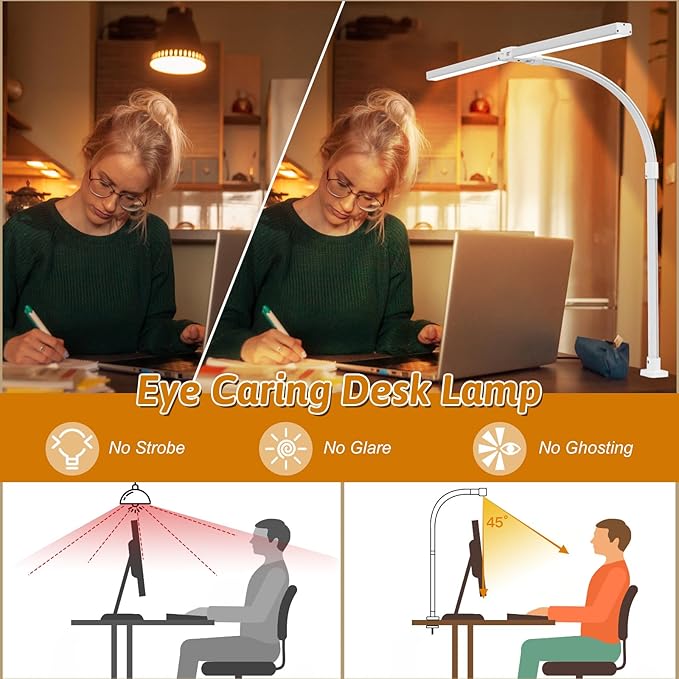 LED Desk Lamp for Office Dorm Home - Eye Caring Desk Light with Timer, Remote Control 24W Brightest Dual Screen Computer Monitor Gooseneck Dimmable Table lamp with Anti-Glare Cover Clamp