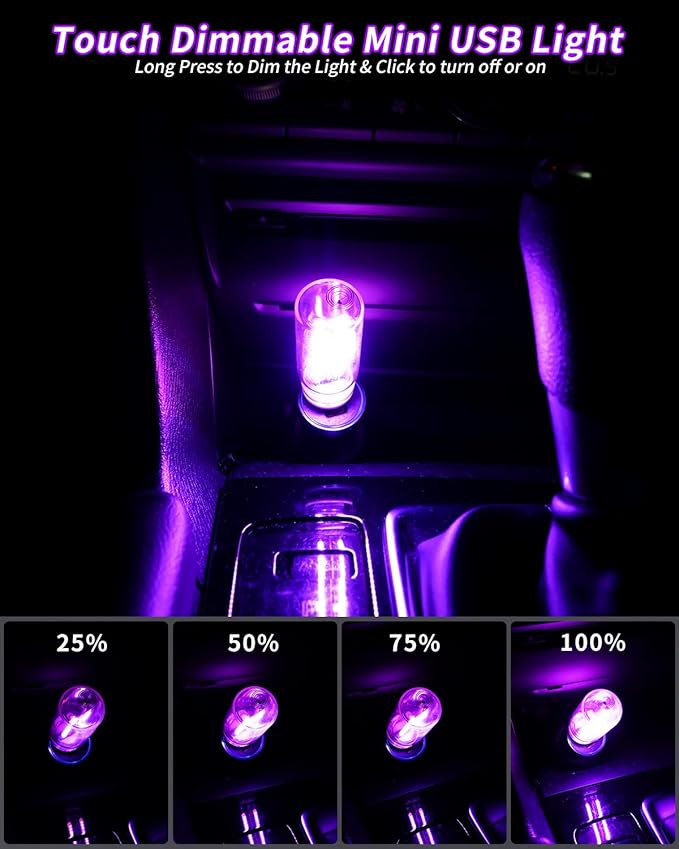Keiurot USB Light Touch Dimmable Retro USB Led Lights for Car,Mini USB Light Bulb Ambient Lighting for Car Bedroom Party Christmas Hallway Camping,Purple 2Pack