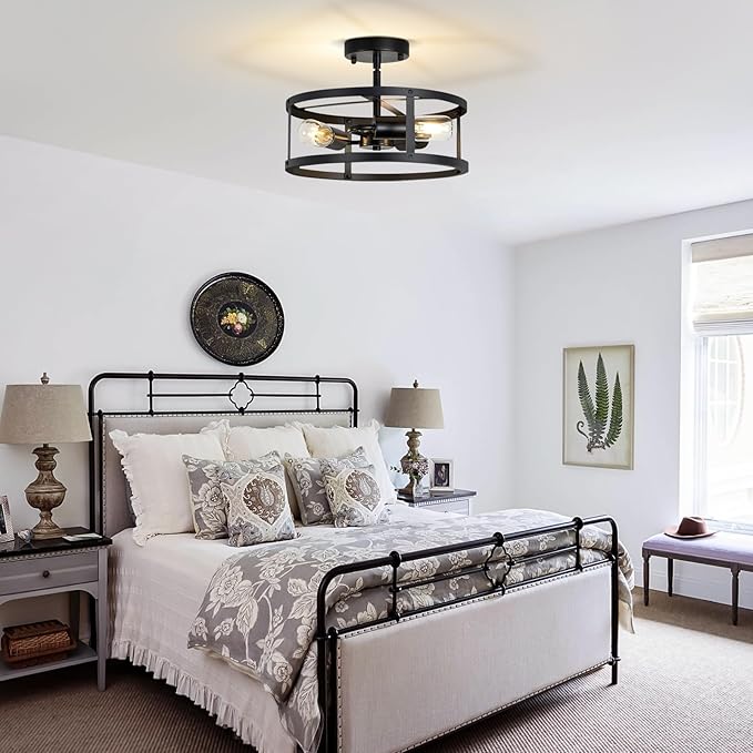 Farmhouse Semi Flush Mount Ceiling Light, 3-Light Black Metal Cage Rustic Chandelier, Industrial Pendant Lighting for Hallway, Bedroom, Kitchen, Foyer, Living Room, Dining Room, Entryway