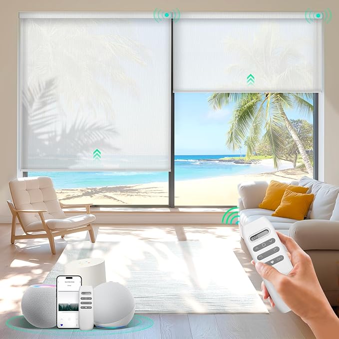 HeyBlinds Motorized Roller Shades, Smart Blinds for Windows, Remote Automatic Window Shades, Electric Shades, Light Filtering, Compatible with Alexa Google Apple Home (Grace-Perla White LF)
