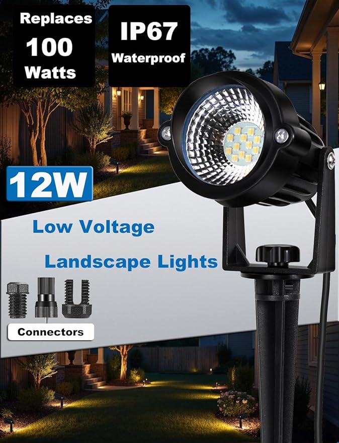 12W Landscape Lights Low Voltage LED Landscape Lighting Spotlight Waterproof Garden Pathway Christmas Decorative Lights Outdoor, 20 Pack with Connector (Cool White 5000K)