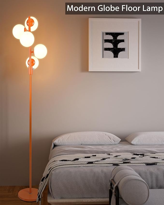 Lightdot 5-Globe Dimmable Globe Floor Lamp Orange Retro Standing Lamps with 5Pcs Bulbs Included Brightness Adjustable Mid Century Modern Floor Lamp for Living Room/Sofa Beside/Corner Decor