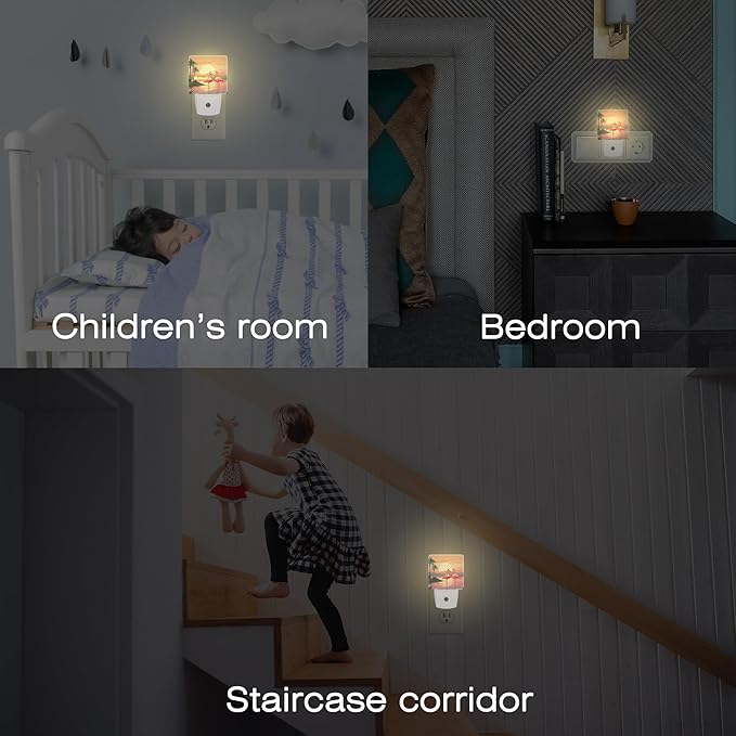 Pink Flamingos at Sunset Night Light for Kids,Summer Beach Tropical Palm Tree Night Light Plug in with Dusk to Dawn Sensor,0.5w Energy Saving Nightlight for Hallway Stairway Kitchen Bedroom