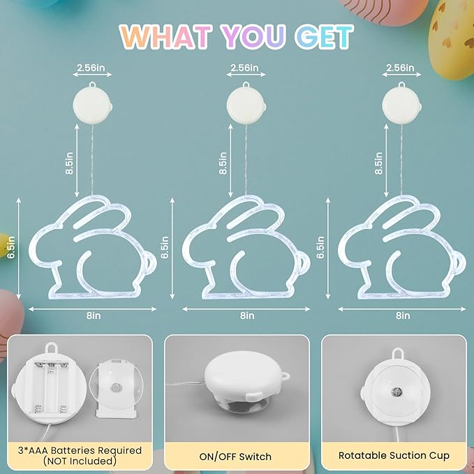 3 Pack Easter Window Lights, Multicolor Bunny Lights, Battery Operated Easter Window Decorations Light up with Suction Cup and Timer Function for Indoor Window Glass Wall Party Decor