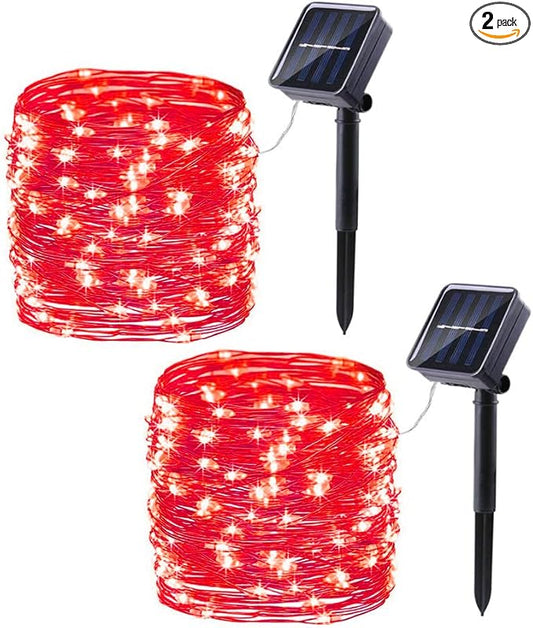 Lomotech Solar String Lights Outdoor - 2 Pack Total 66ft 200LED Solar Fairy Lights Waterproof 8 Modes Twinkle Lights for Outdoor, Patio, Garden, Yard, Party, Wedding, Tree Decoration (Red)