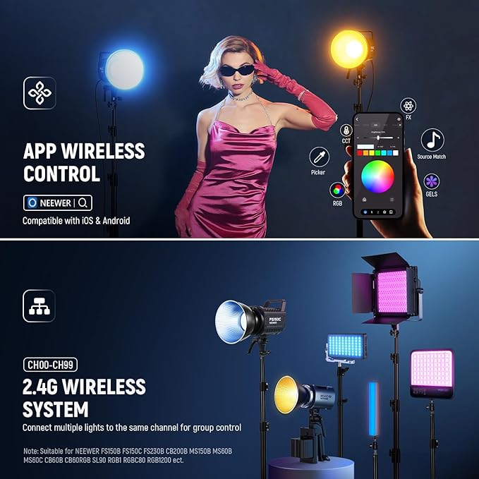 NEEWER 130W RGB LED Video Light APP/2.4G Control, COB Continuous Studio Key Lighting, 17 Effects 2500-7500K 19800lux CRI97 4 Dimming Curves, Bowens Spotlight for Video Recording Streaming, FS150C
