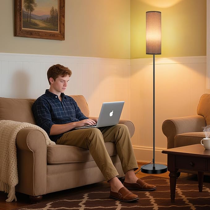 FRIDEKO HOME Grey Shade Floor Lamp, Simple Design with Foot Pedal Switch, Small Tall Lamps for Living Room Bedroom Office, Corner Floor Stand Light with Black Pole Lamp (No Bulb/No Remote)