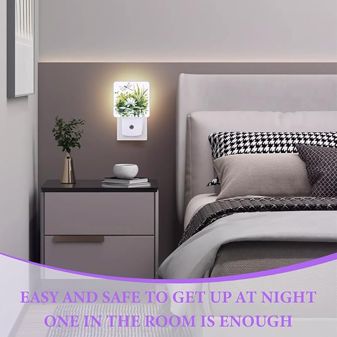 Dragonfly Night Light,White Floral Plug-in Night Lights with Dusk-to-Dawn Sensor for Bedroom,Bathroom and Living Room Sleep Friendly lamp 0.5w