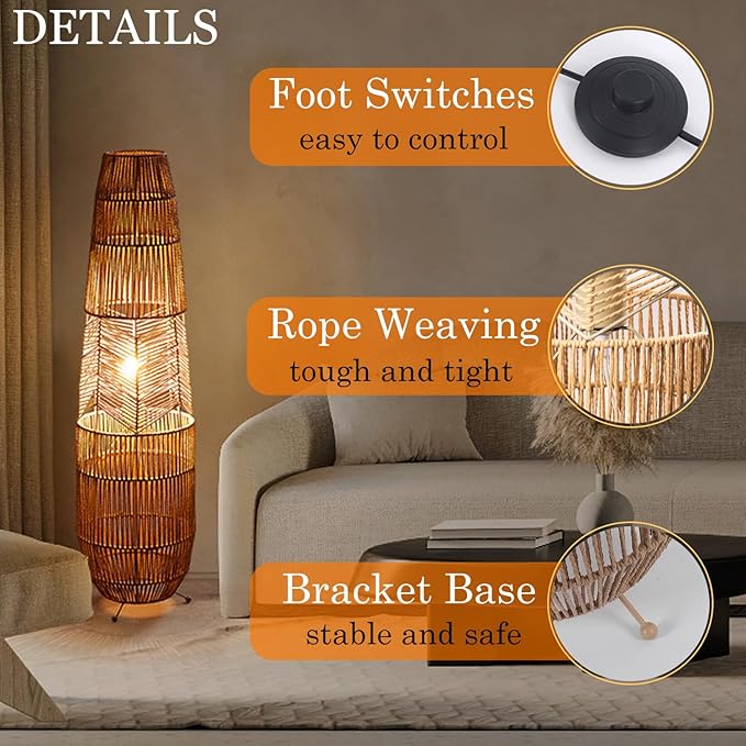 MIXL-Rope-Weaving Floor Lamp with Foot Switches,Dimmable Led Corner Tall Lamp,Minimalist Reading Lamp Floor Standing,Bohemian Style Standing Lamps for Bedroom Study and Living Room