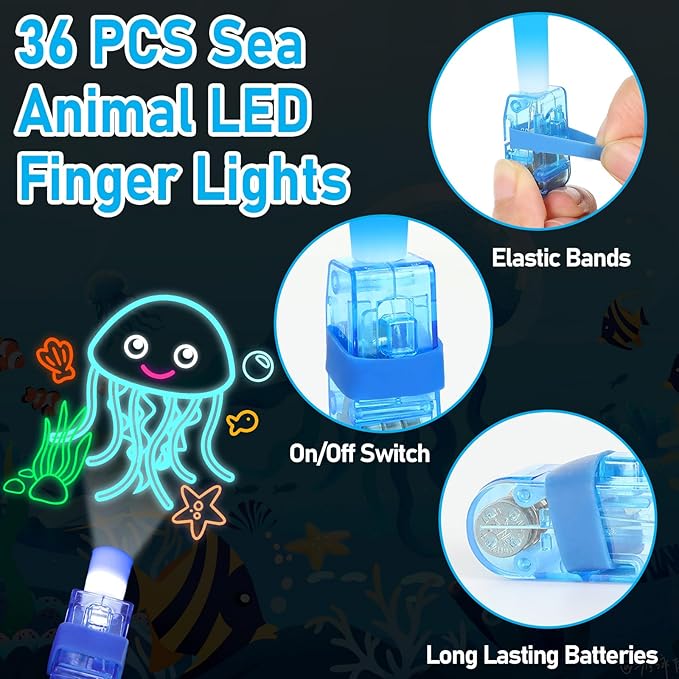 36Pcs Under the Sea Animal LED Finger Lights Ocean Animal Party Favors Glow in the Dark Light Up Finger Lights Sea Themed Bulk for Birthday Party Goodie Bag Stuffer Birthday Gifts Prize