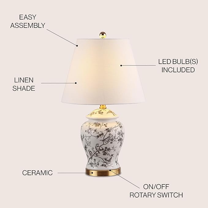 JONATHAN Y JYL3005C Penelope 22" Chinoiserie Classic LED Table Lamp Cottage Traditional Bedside Desk Nightstand for Bedroom Living Room Office College Bookcase LED Bulb Included, Gray/White