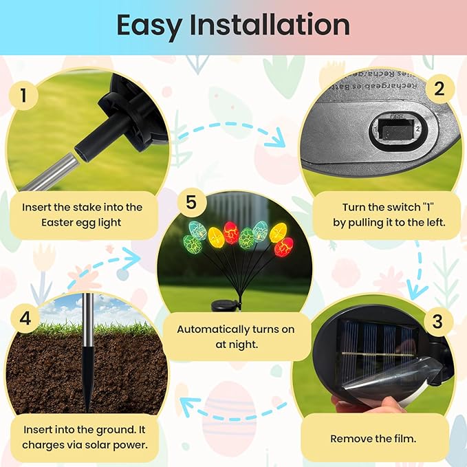 4 Pack Solar Easter Egg Lights with 32 Multicolor LED Eggs, Waterproof Colorful Solar Powered Outdoor Lights for Yard, Pathway, Porch & Patio - Easter Decorations