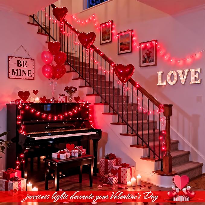 JMEXSUSS 2 Pack Red Valentine Lights Indoor, Each 100 LED Christmas String Lights with 8 Modes, Connectable Clear Wire Red LED Lights Outdoor Waterproof for Valentine's Day Bedroom Party Decorations