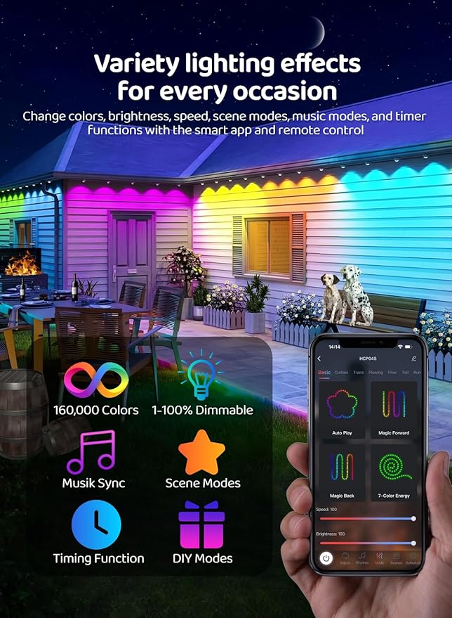 Gaoxun 50ft Permanent Outdoor Lights, RGBW Smart Outside Lights with 30 LED, APP/Remote Control, Dimmable, 47 Scene Modes, Timer, IP67 Waterproof Eaves Lighting for Daily Holiday Christmas Decorations