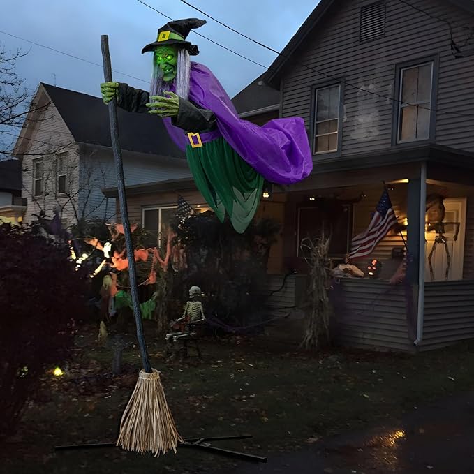 ORIENTAL CHERRY Halloween Outdoor & Indoor Decorations - 11.5 Ft Purple Green Animated Hovering Witch Animatronics, Sound & Touch Activated Sensor - Scary Props House Decor for Garden Yard Lawn