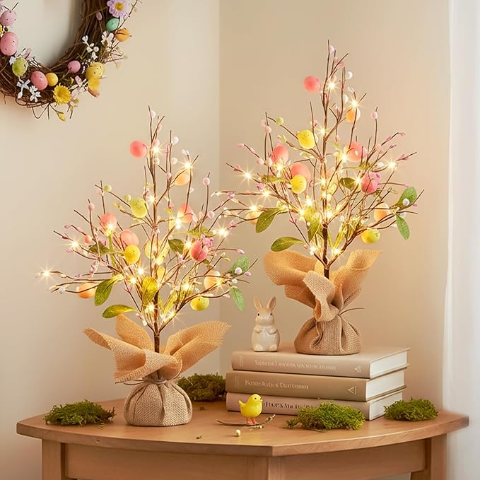 Vanthylit Easter Decorations, 2 Pack Easter Tree with Eggs Artificial Battery Powered Tabletop Centerpiece Lighted Artificial Tree for Holiday Party Spring Home Decor