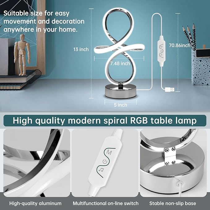 Modern RGB Table Lamps, LED Spiral Table Lamp, Silver Bedside Lamp with Remote&APP, Multicolor Changing Nightstand Lamp with Music Rhythm Modes for Bedroom, Living Room, Gaming Room, Christmas Gifts