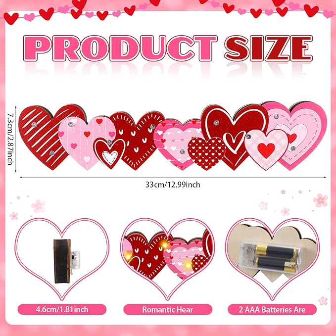 Yousoontic Valentines Day Heart Decor Table Centerpieces Valentines Wooden Heart Sign Decorations with LED Lights 3D Block Pink Red Love Romantic Decor for Home Mantel Desk Office Party Decorations
