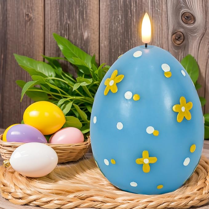 Eldnacele Easter Flameless Candles with 6H Timer, Battery Operated Egg Shaped 3D Wick Flickering Candle Real Wax Blue LED Candles for Easter Party Spring Dinner Decor(2.4"×6.3")