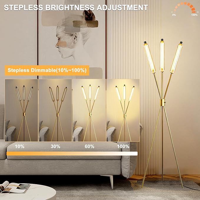 Lightdot LED Tripod Floor Lamps for Living Room, Stepless Dimmable Modern Standing Tall Lamp with 360° LED LampHead,Mid Century Industrial Floor Lamp for Bedroom/Sofa Beside/Corner Decor-Gold
