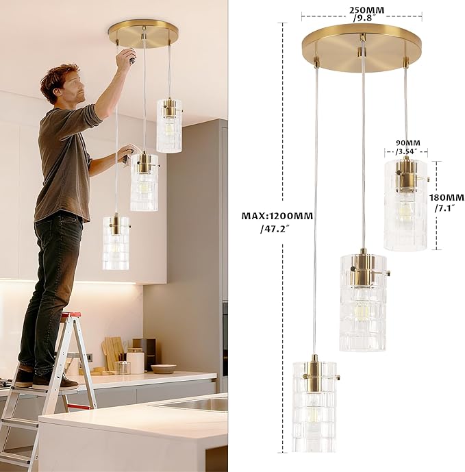 Modern Glass Pendant Light, Copper Finish 3-Light Chandelier for Kitchen Island/Dining, Height Adjustable, E26 Sockets, Bulbs Not Included