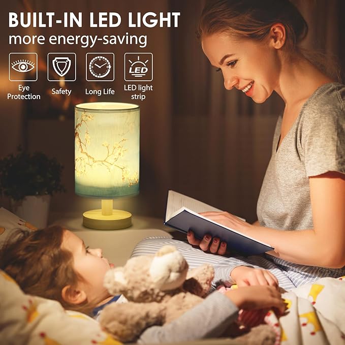 Fabric Wood Table Lamp for Bedroom, USB LED Bedside Night Lamp with Linen Fabric Lampshade, Decorative Bedroom Nightstand Light, Vintage Small Nightlight for Home Office Hotel Present(Style 2)