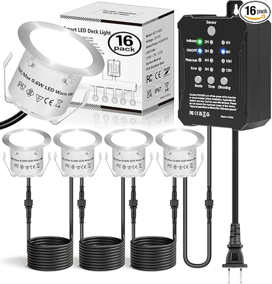HIBOITEC Low Voltage Deck Lights Recessed Kit with Transformer Dimmable Timer and Photocell Sensor Outdoor LED Deck Lighting IP67 Waterproof 4000K for Stair Step Outdoor Garden Yard 16 Packs