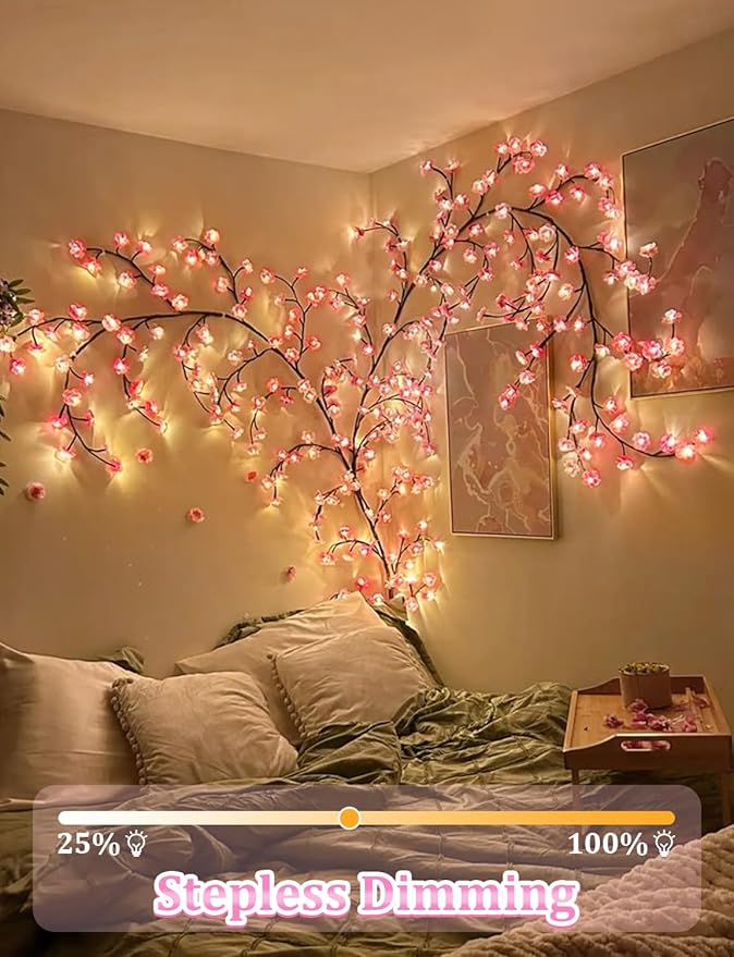 5.91 FT 96 LED Cherry Blossom Lights for Room Wall Decoration,Cherry Blossom Decor,2026 New Dimmable Light-Up Pink Bedroom Decor with Remote Timer,8 Lighting Modes