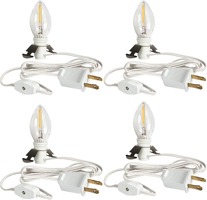 Dazzle Bright 4 Pack 6 FT Accessory Cord with LED Light Bulb E12 Socket White Cord with On/Off Switch Plug, C7 Candelabra Light Bulbs for Holiday Decorations, Christmas Village House, Pumpkin Lights