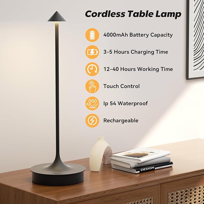 Set of 2 Small Cordless Table Lamp Rechargeable, Battery Operated Desk Lamp, 4000mAh LED Touch Lamp, Dimmable Portable Outdoor Waterproof Wireless Table Light for Restaurants/Bars/Outdoor(Black