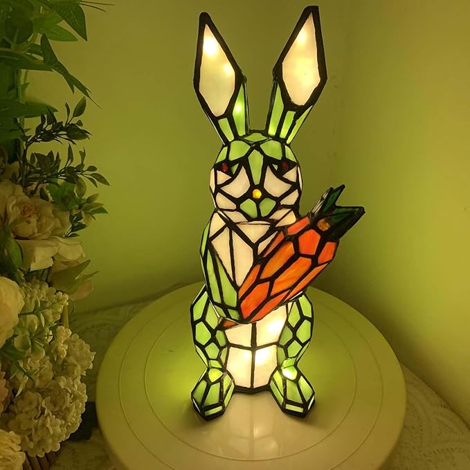 Bieye L10948 Rabbit Holds Carrot Tiffany Style Stained Glass Accent Table Lamp for Home Decor (Green)