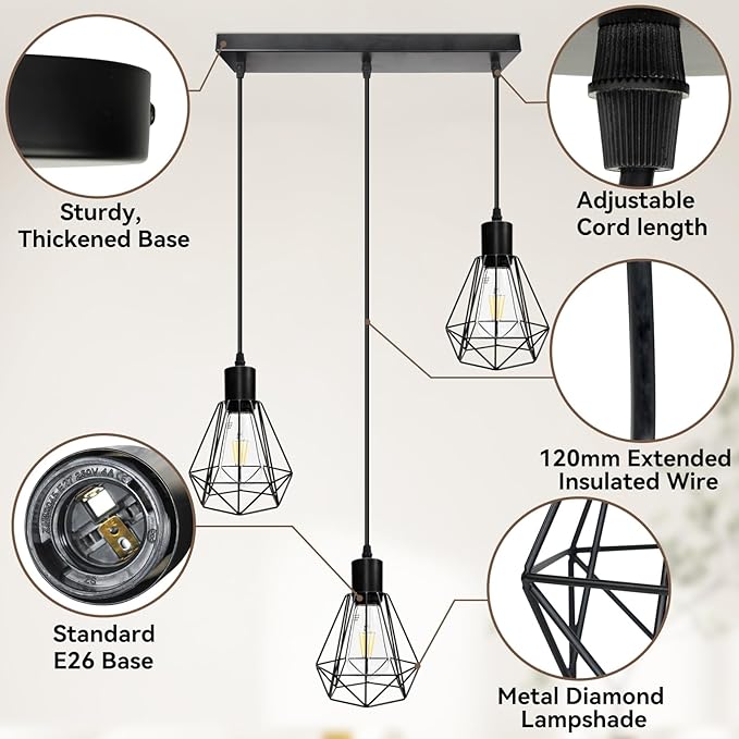 3-Light Pendant Light Fixture, Hanging Lighting Fixture Kitchen Island, Black Ceiling Lamp with 1.2m Adjustable Cord for Kitchen Bedroom Hallway, Dining Room, E26 Base,Blub Not Included