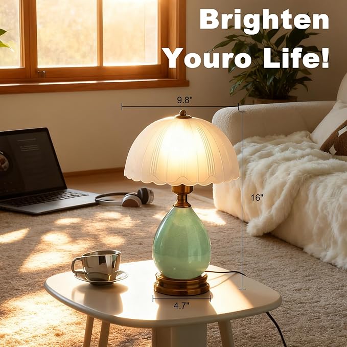 Ceramic Table Lamp – Chinese Traditional Green Bedside Lamp with 3-Color Dimmable LED, Retro Modern Living Room Bedroom